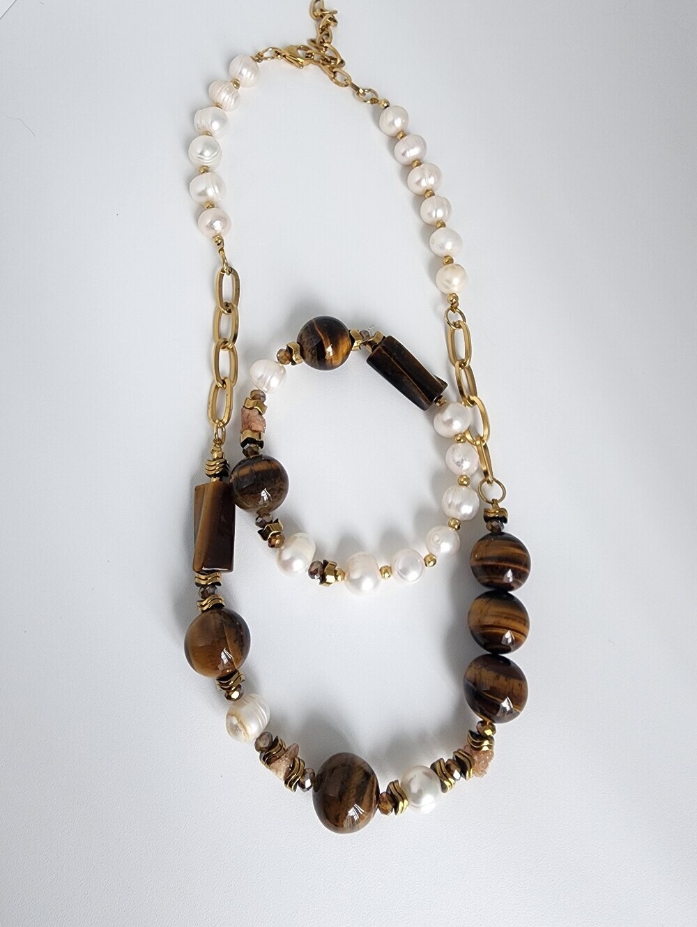 Tiger Eye Pearl Necklace & Bracelet Set Stainless Steel Gift